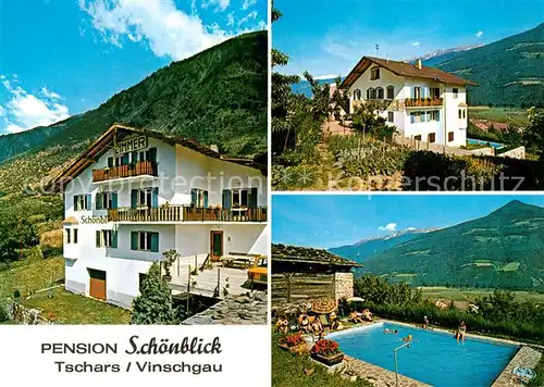 AK / Ansichtskarte 73844097 Tschars_Trentino_IT Pension Schoenblick Swimming Pool Panorama Vinschgau 