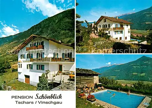 AK / Ansichtskarte  Tschars_Trentino_IT Pension Schoenblick Swimming Pool Panorama Vinschgau 