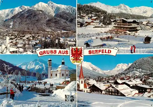 AK / Ansichtskarte 73844104 Seefeld_Tirol Panorama Blick zum Skigebiet Rosshuette Eislaufplatz Hotel Wetterstein Seekirchlein Karwendelgebirge Seefeld Tirol