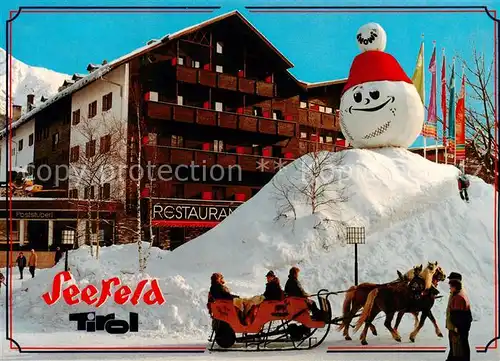 AK / Ansichtskarte 73844107 Seefeld_Tirol Snowi Schneemann Pferdeschlitten Hotel Restaurant Post Seefeld Tirol