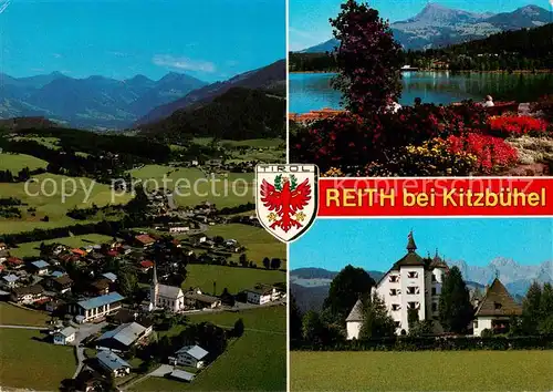 AK / Ansichtskarte  Reith_Kitzbuehel Schloss Muenichau Schwarzsee Fliegeraufnahme Alpenpanorama Reith Kitzbuehel