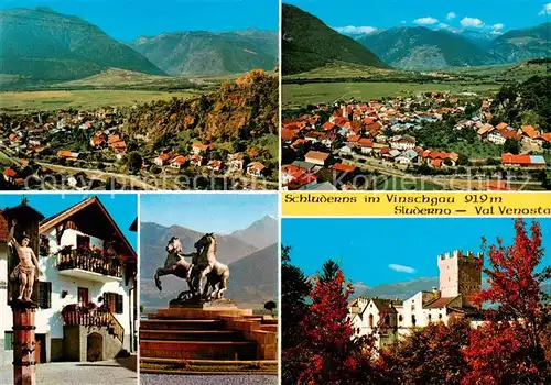 AK / Ansichtskarte  Schluderns_Suedtirol Panorama Pferdestatue Schloss Alpenpanorama Schluderns Suedtirol