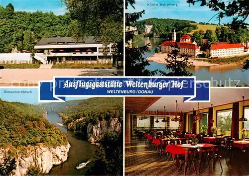 AK / Ansichtskarte 73844175 Weltenburg_Kelheim Ausflugsgaststaette Weltenburger Hof Kloster Weltenburg Donaudurchbruch Gastraum Weltenburg Kelheim