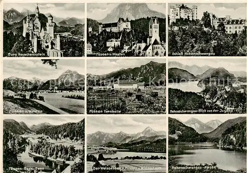 AK / Ansichtskarte Hohenschwangau Burg Neuschwanstein Fuessen Schloss Hohenschwangau Fuessen Turnhalle Blick von der Jugend Badeseen Der Weissenberg Alpsee Hohenschwangau