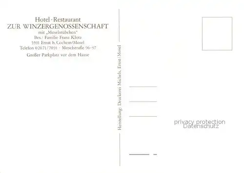 AK / Ansichtskarte Ernst_Cochem Hotel Restaurant Zur Winzergenossenschaft Ernst_Cochem