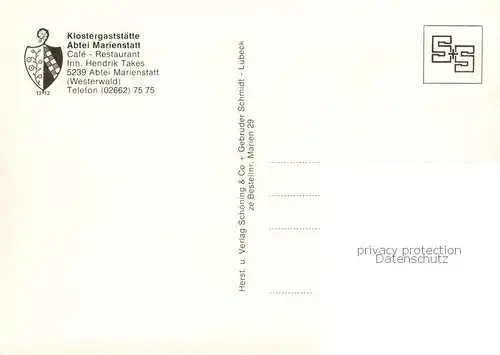 AK / Ansichtskarte Marienstatt_Westerwald Kloster Gaststaette Abtei Marienstatt Gastraeume Terrasse Marienstatt_Westerwald