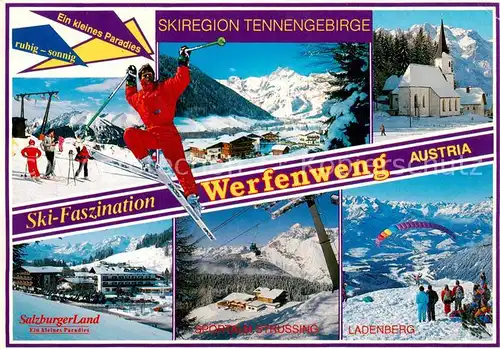 AK / Ansichtskarte Werfenweng_AT Skiregion Tennengebirge Skilift Panorama Kapelle Sportalm Struessing Ladenberg Gleitschirmfliegen 