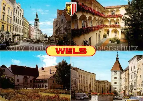 AK / Ansichtskarte Wels_Oberoesterreich_AT Stadtplatz Haas Arkadenhof Burg Wels Stadtplatz mit Ledererturm 