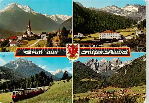 AK / Ansichtskarte Telfes_Stubai mit Habicht Stubaier Gletscher Schlickeralm Hohem Burgstall Stubaitalbahn mit Serles und Kalkkoegel Telfes_Stubai