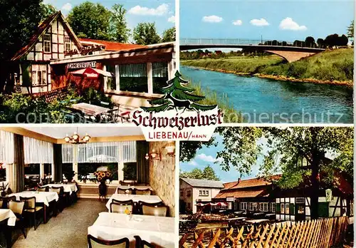 AK / Ansichtskarte Liebenau_Nienburg Waldgaststaette Schweizerlust Gaststube Terrasse Bruecke Liebenau Nienburg