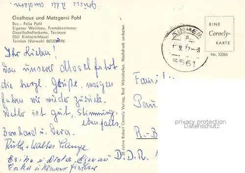 AK / Ansichtskarte Kinheim Gasthaus Pohl Gastraeume Moselpartie Terrasse Kinheim