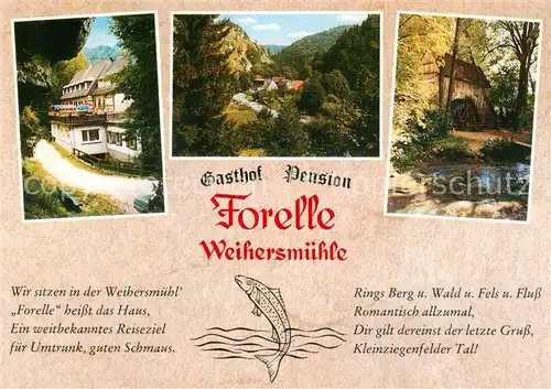 AK / Ansichtskarte Weihersmuehle_Weismain Gasthof Pension Forelle Rings Berg Wald Fels und Fluss Weihersmuehle_Weismain
