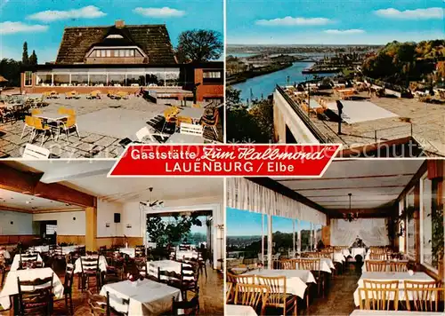 AK / Ansichtskarte 73844849 Lauenburg_Elbe Gaststaette Zum Halbmond Gastraeume Terrasse Elbepartie Lauenburg Elbe