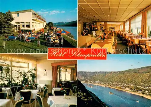 AK / Ansichtskarte 73844960 Kamp-Bornhofen_Rhein Hotel Rheinpavillon Gastraeume Terrasse Rheinpartie 