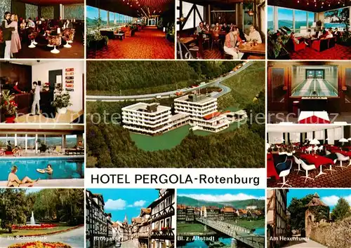 AK / Ansichtskarte 73845063 Rotenburg_Fulda Hotel Pergola Fliegeraufnahme Gastraeume Hallenbad Schlosspark Brotgasse Altstadtblick Am Hexenturm Kegelbahn Rotenburg Fulda