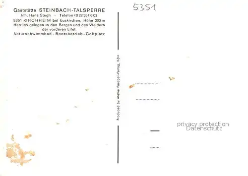 AK / Ansichtskarte 73845163 Kirchheim_Euskirchen Gaststaette Steinbach Talsperre Terrasse Kirchheim Euskirchen