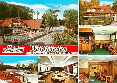 AK / Ansichtskarte 73845179 Hitzacker_Elbe Hotel Restaurant Waldfrieden Gaestehaus Kellerbar Kurhaus Saal Bundeskegelbahn Hitzacker Elbe