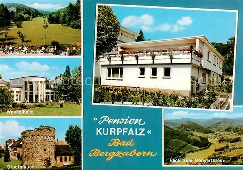 AK / Ansichtskarte 73845257 Bad_Bergzabern Pension Kurpfalz Kurpark Wandelhalle Stadtmauer Blick zum Berwartstein Bad_Bergzabern