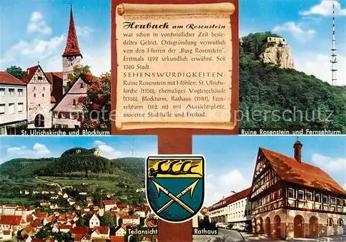 AK / Ansichtskarte  Heubach_Wuerttemberg St Ulrichskirche Blockturm Ruine Rosenstein Fernsehturm Panorama Rathaus Heubach Wuerttemberg