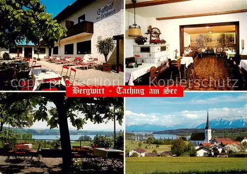 AK / Ansichtskarte Taching_See Gasthof zum Bergwirt Terrasse Panorama Kirche Taching See