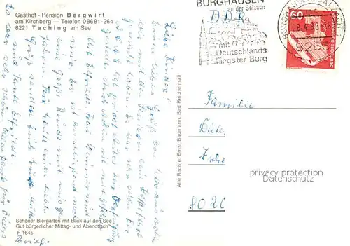 AK / Ansichtskarte Taching_See Gasthof zum Bergwirt Terrasse Panorama Kirche Taching See