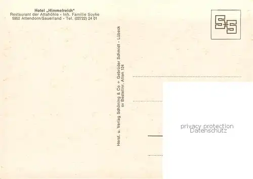 AK / Ansichtskarte Attendorn Hotel Himmelreich Restaurant der Attahoehle Gastraeume Panorama Attendorn