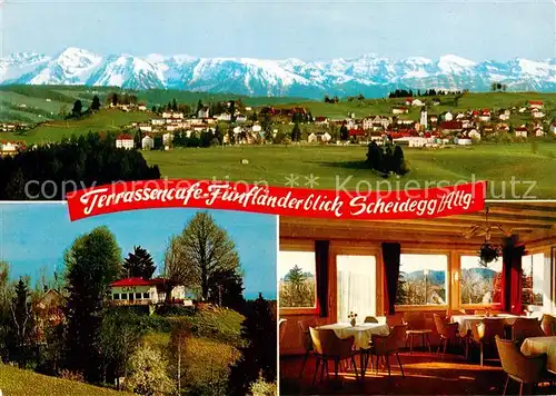 AK / Ansichtskarte Scheidegg_Allgaeu Panorama Terrassencafe Fuenflaenderblick Gaststube Scheidegg Allgaeu