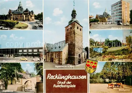 AK / Ansichtskarte Recklinghausen__Westfalen Rathaus Hauptbahnhof Engelsburg Prosteikirche St Peter Stadtgarten Anlagen am Rathaus Stadthaus