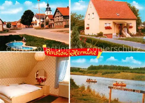 AK / Ansichtskarte Bad_Koenigshofen Pension Hermine Ortspartie Gaestezimmer Landschaftssee Aub Bootspartie Bad_Koenigshofen