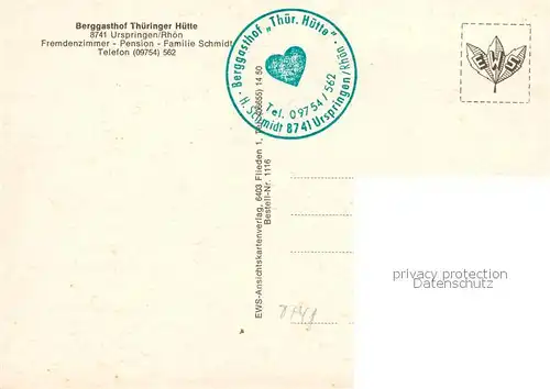 AK / Ansichtskarte Urspringen_Rhoen Berggasthof Thueringer Huette Gaststube Wasserfall Park Urspringen Rhoen