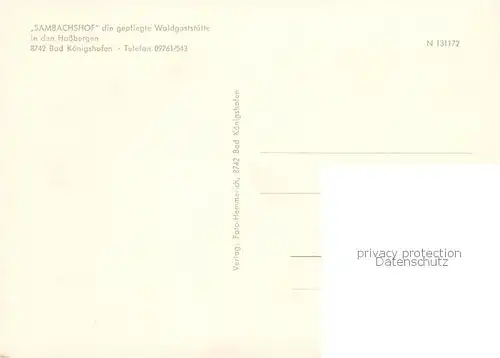 AK / Ansichtskarte Bad_Koenigshofen Waldgaststaette Sambachshof Gaststube Teich Terrasse Bad_Koenigshofen