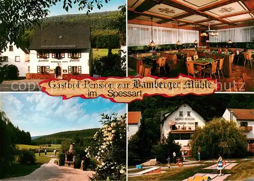 AK / Ansichtskarte Bamberger_Muehle Gasthof Pension zur Bamberger Muehle Festsaal Panorama Minigolfanlage