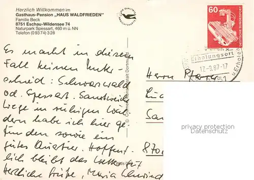 AK / Ansichtskarte Eschau_Unterfranken Gasthaus Pension Haus Waldfrieden Schwanenteich Gaststube Panorama Eschau Unterfranken