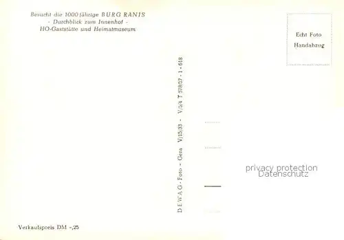 AK / Ansichtskarte Ranis 1000jaehrige Burg Ranis Durchblick zum Innenhof HO Gaststaette und Heimatmuseum Ranis