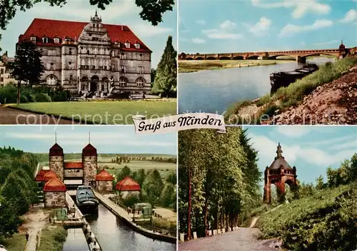 AK / Ansichtskarte Minden__Westfalen_Weser Bundesbahn Zentralamt Schleuse Kanalbruecke und Porta Westfalica Denkmal 