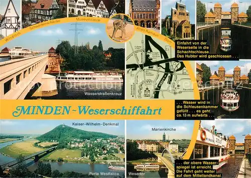 AK / Ansichtskarte Minden__Westfalen_Weser Mindener Fahrgastschiffahrt Wasserstrassenkreuz Kaiser Wilhelm Denkmal Marienkirche Wesertor Schleuse Altes Rathaus 