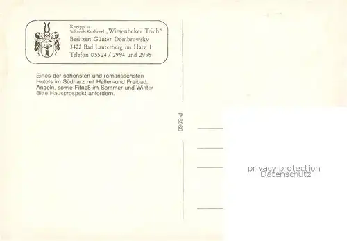 AK / Ansichtskarte Bad_Lauterberg Kneipp  und Schroth Kurhotel Wiesenbeker Teich Restaurant Bad_Lauterberg