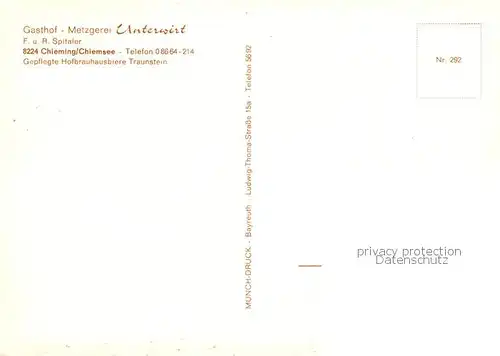 AK / Ansichtskarte 73846019 Chieming_Chiemsee Gasthof Metzgerei Unterwirt Gaststube Terrasse Chieming Chiemsee