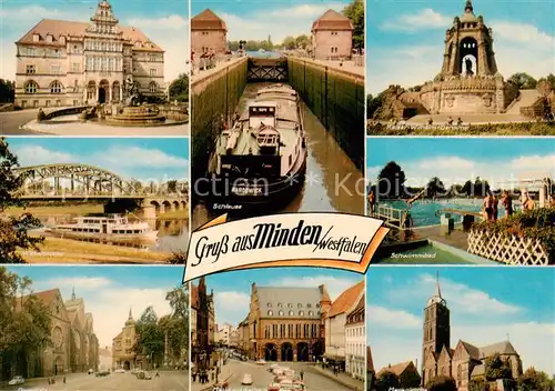 AK / Ansichtskarte 73846044 Minden__Westfalen_Weser Landratsamt Weserbruecke Kaiser Wilhelm Denkmal Schwimmbad Rathaus Hauptkirche Schleuse 