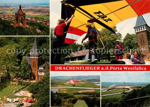 AK / Ansichtskarte  Porta_Westfalica Kaiser Wilhelm Denkmal Kirche Drachenflieger an der Porta Westfalica Berghotel  Porta_Westfalica