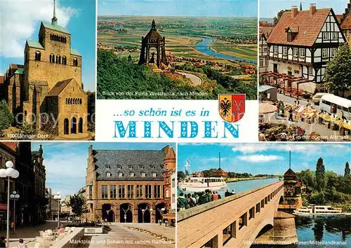 AK / Ansichtskarte 73846072 Minden__Westfalen_Weser 1000jaehriger Dom Blick vom Kaiser Wilhelm Denkmal Altstadt Markt Marktplatz und Scharn mit altem Rathaus Wasserstrassenkreuz Weser Mittellandkanal 