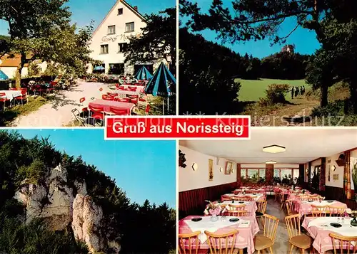 AK / Ansichtskarte 73846214 Hirschbach_Freising Gasthof Pension Norissteig Terrasse Burg Gastraum Hirschbach Freising