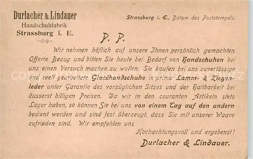 AK / Ansichtskarte  Strassburg__Strasbourg_67_Bas-Rhin Durlacher et Lindauer Handschuhfabrik Angebotskarte 