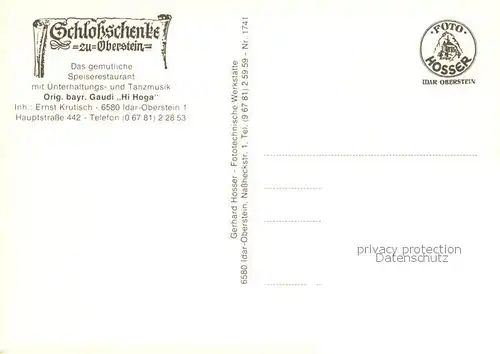AK / Ansichtskarte Idar Oberstein_Jdar Oberstein Schloss Schenke zu Oberstein Speiserestaurant 