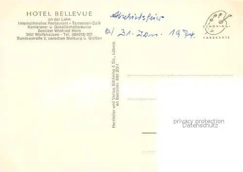 AK / Ansichtskarte Wolfshausen_Marburg Biedenkopf Hotel Bellevue Lahn Wolfshausen