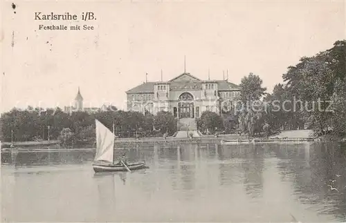 AK / Ansichtskarte Karlsruhe_Baden Festhalle mit See Karlsruhe_Baden