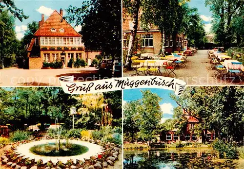 AK / Ansichtskarte 73846574 Mueggenbusch Cafe und Pension Terrasse Brunnen Teich Mueggenbusch
