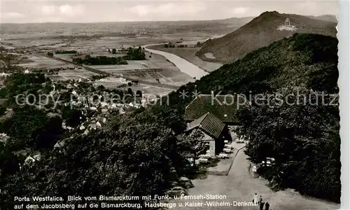 AK / Ansichtskarte  Porta_Westfalica Blick vom Bismarckturm mit Funk und Fernseh Station auf dem Jacobsberg auf die Bismarckburg Hausberge und Kaiser Wilhelm Denkmal Porta_Westfalica