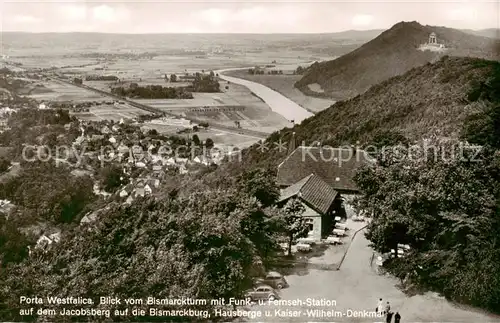 AK / Ansichtskarte  Porta_Westfalica Blick vom Bismarckturm auf die Bismarckburg Hausberge und Kaiser Wilhelm Denkmal Porta_Westfalica