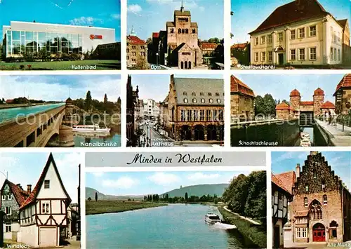 AK / Ansichtskarte 73846734 Minden__Westfalen_Weser Hallenbad Dom Stadtbuecherei Kanalbrueck Rathaus Schachtschleuse Windloch Alte Muehle 
